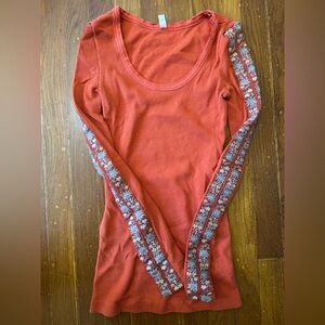 Free People Orange Waffle Knit Top with Floral Trim